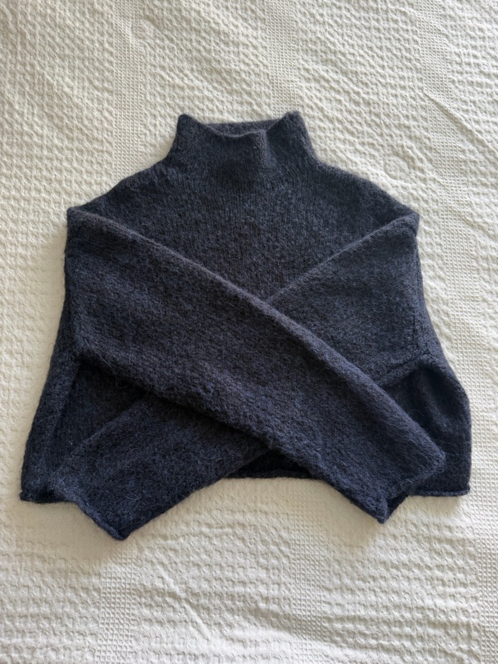 Navy Blue Fuzzy Mock Neck Knit Sweater | Soft Cozy Pullover size S